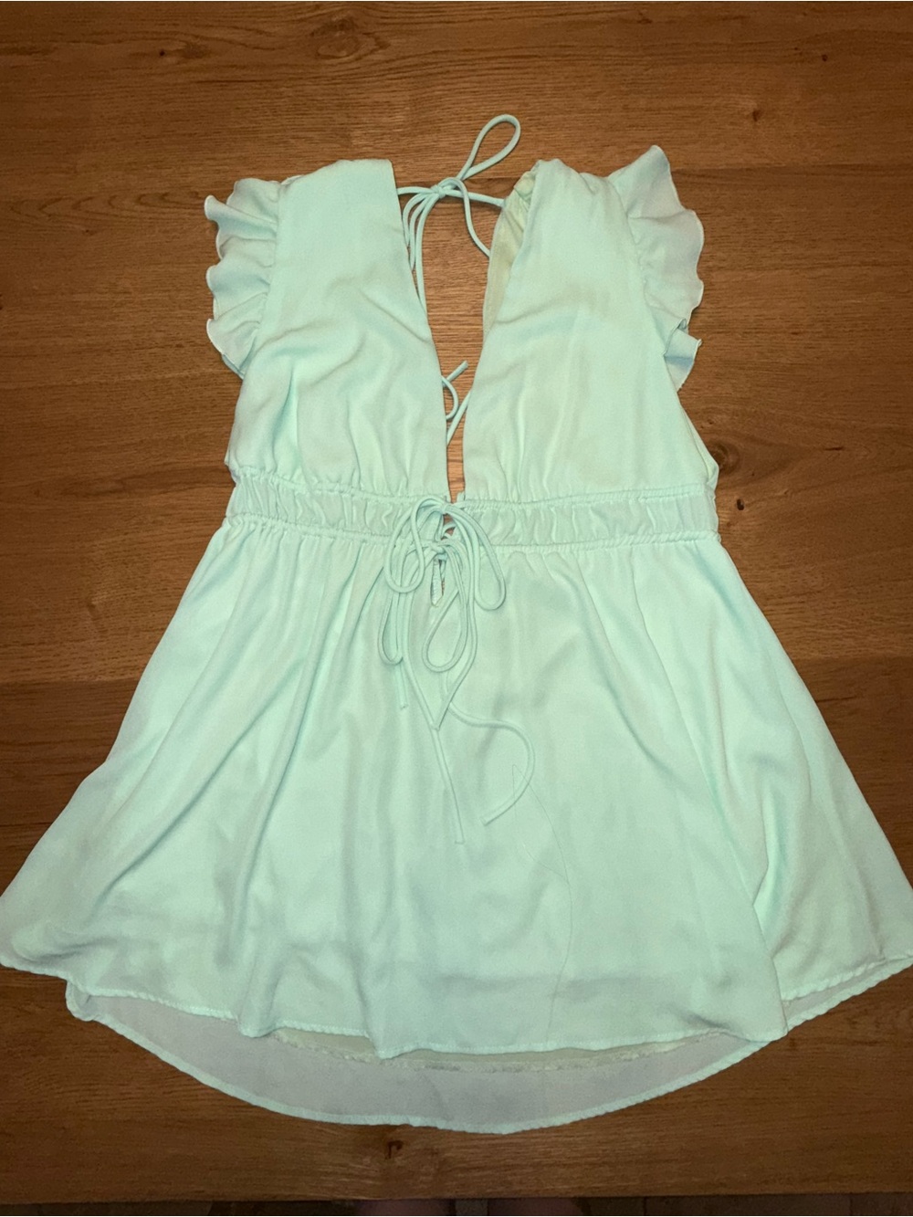 Lucy in the Sky | Satin Plunge A-line Mini Dress in Mint Flutter Sleeve | S